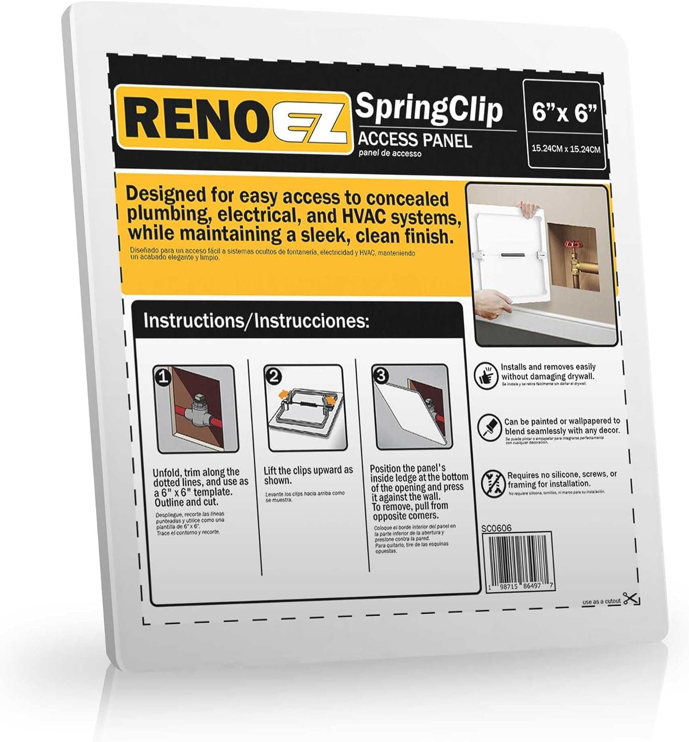 RenoEZ 6 by 6 inch Spring Click access panel and installation packaging